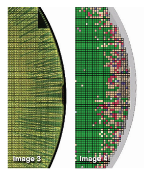 In-line semiconductor macro
wafer inspection, clearly reveals a problem
of inadequate photoresist coverage at the edge of the wafer
